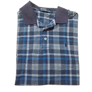 Polo Ralph Lauren Vintage Y2K Faded Blue Plaid Polo Short Sleeve Shirt USA Large